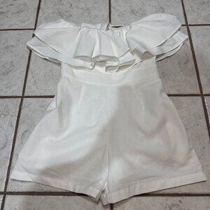 Hello Molly Romper women sz 6 off shoulder sleeveless white ruffle linen blend